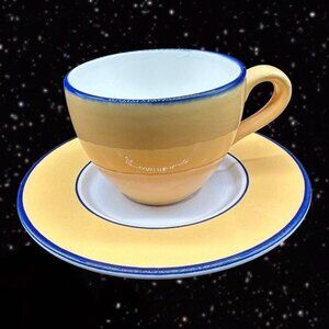 Pagnossin Ironstone Treviso Spa Yellow Blue Rim Cup‎ and Saucer Ceramic Vintage